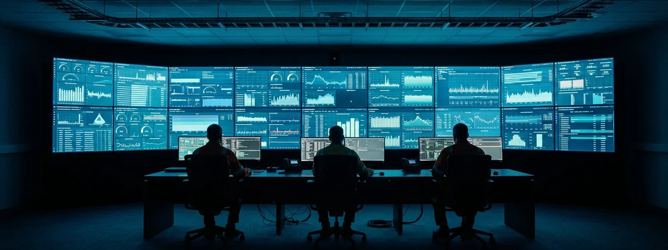 A darkened operations control room: three engineers at a long desk facing a curved wall of monitors filled with performance dashboards, the room lit almost entirely by the screens.