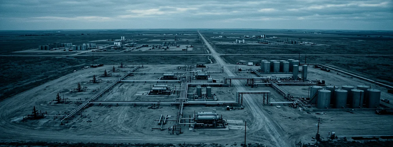 A producing field seen from the air under flat grey light: wellheads and gathering lines laid out in a grid between separator skids, storage tanks and access roads, running to a distant horizon.