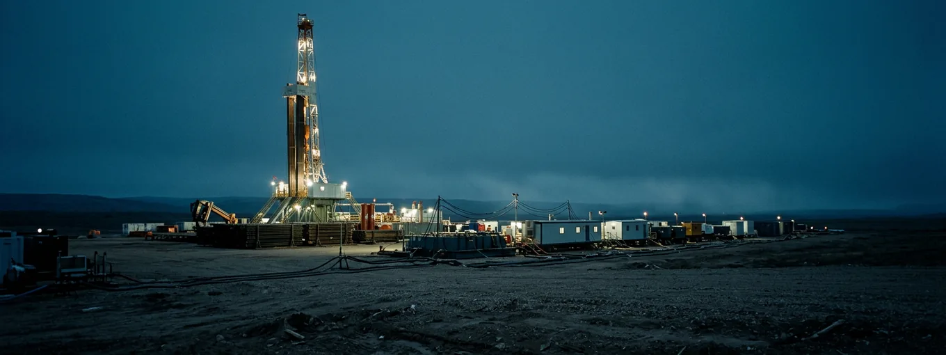A land drilling rig at dusk across open ground: the floodlit derrick at the left, a line of instrument cabins and equipment trailing away to the right under a heavy blue sky.
