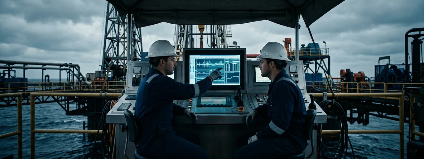 Two crew in coveralls and hard hats seated at an offshore platform console, one pointing at a screen of live performance curves while the other watches, open sea behind them.